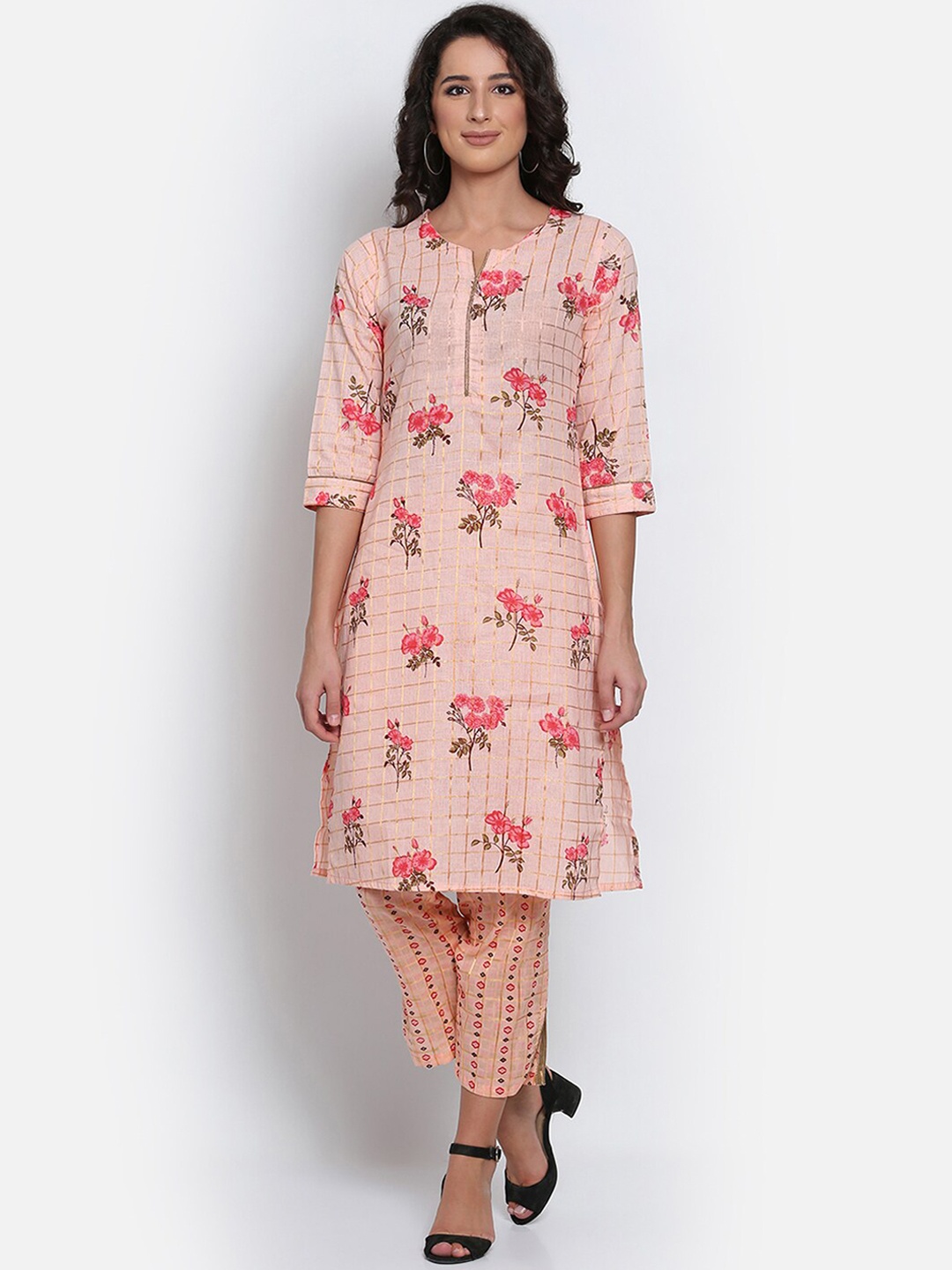 

MARC LOUIS Women Peach-Coloured Floral Printed Pure Cotton Kurta with Trousers