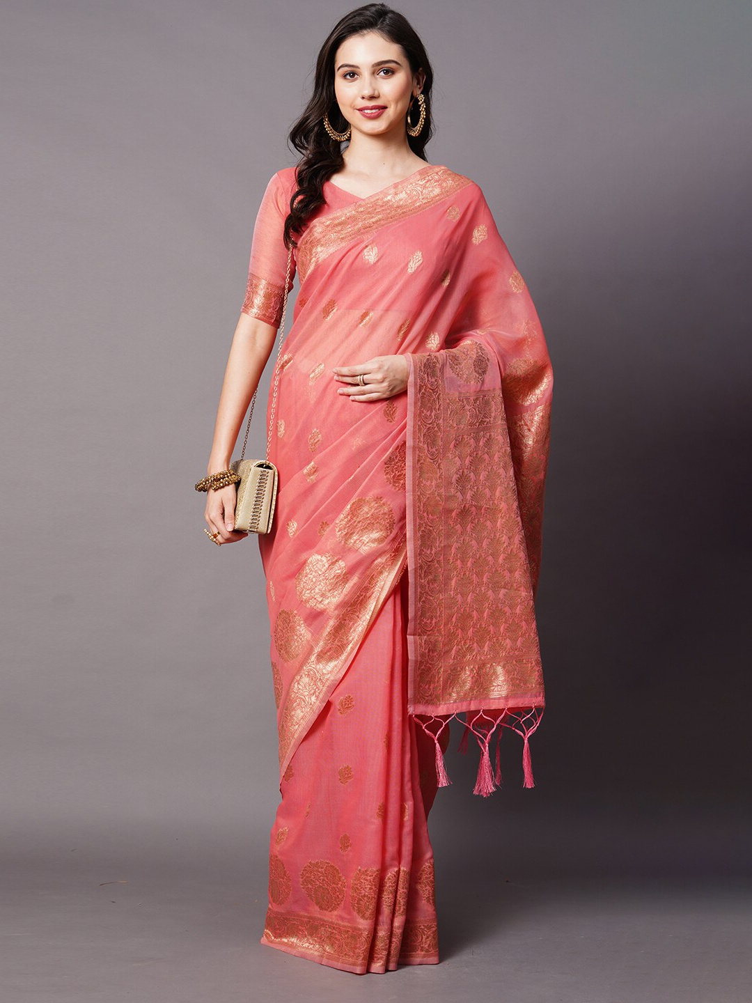 

Mitera Peach-Coloured & Gold Ethnic Motifs Zari Silk Cotton Banarasi Saree