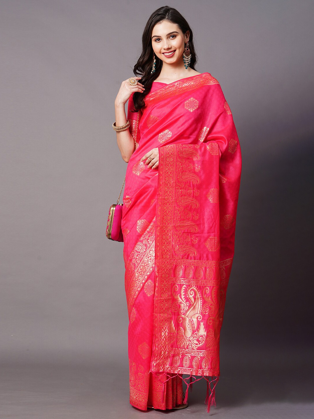 

Mitera Rose & Gold-Toned Ethnic Motifs Zari Silk Blend Banarasi Saree