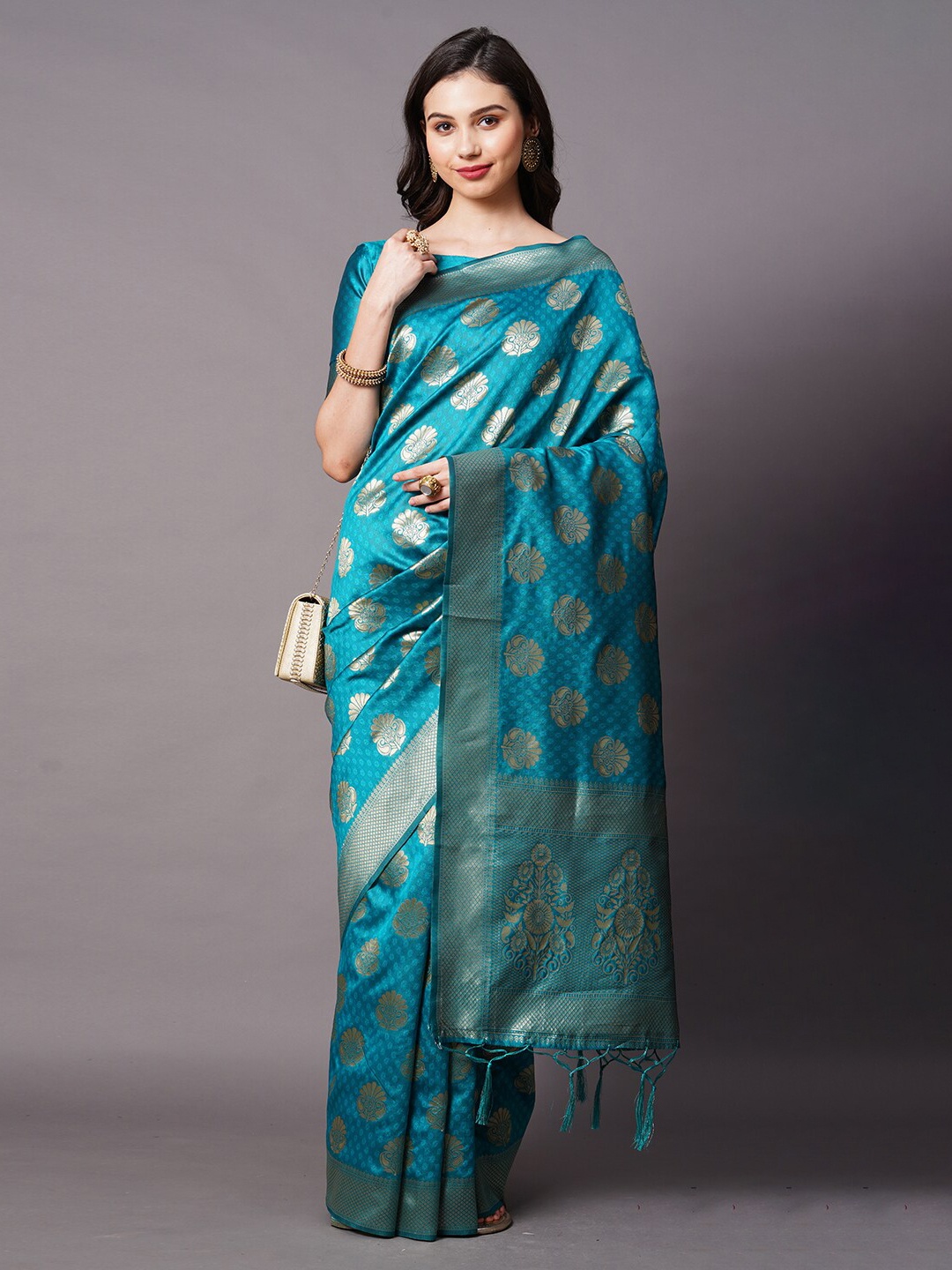 

Mitera Teal Blue & Gold-Toned Woven Design Zari Silk Blend Banarasi Saree
