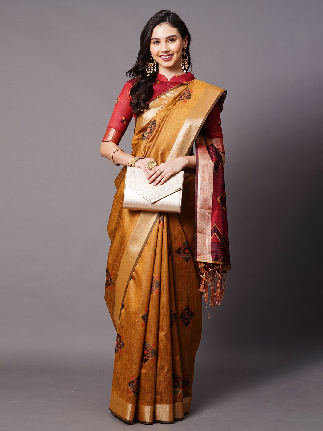 

Mitera Mustard & Red Ethnic Motifs Zari Border Silk Cotton Banarasi Saree