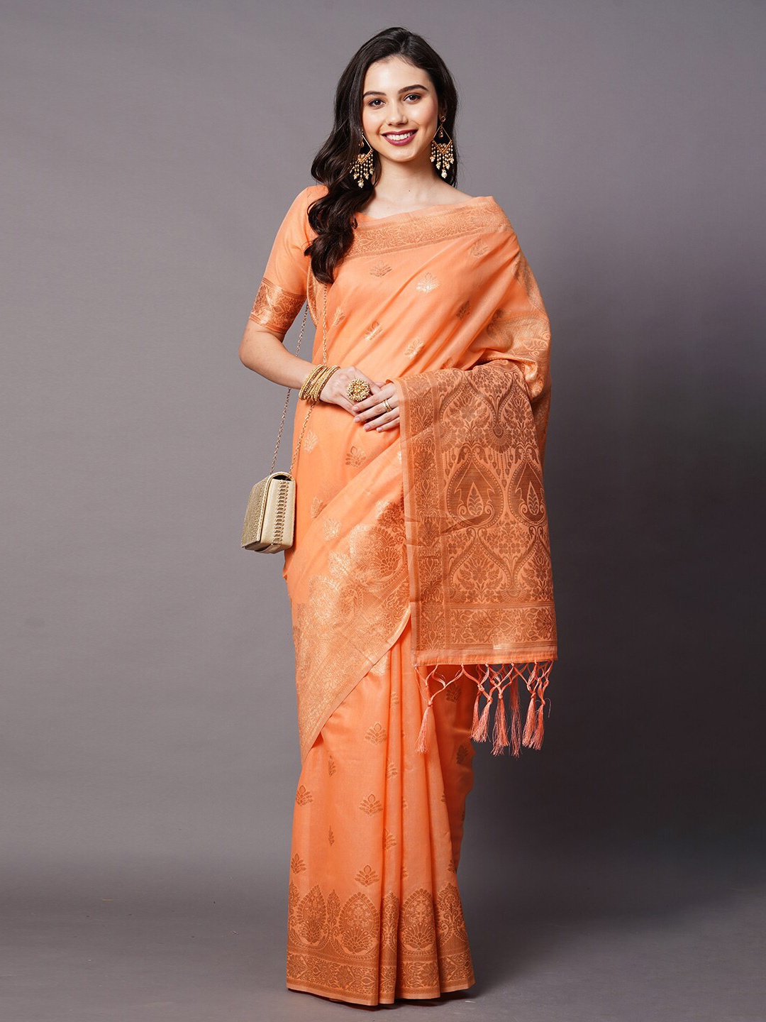 

Mitera Women Orange & Gold-Toned Woven Designed Silk Cotton Saree