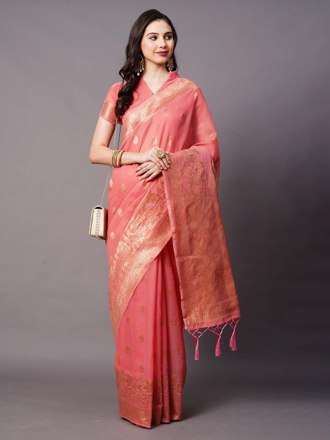 

Mitera Peach-Coloured & Gold-Toned Woven Design Zari Silk Cotton Banarasi Saree