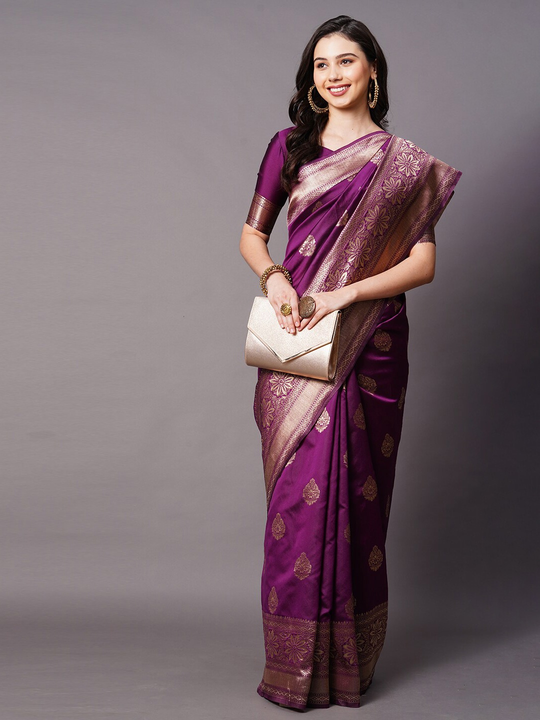 

Mitera Purple & Gold-Toned Woven Design Zari Silk Blend Banarasi Saree