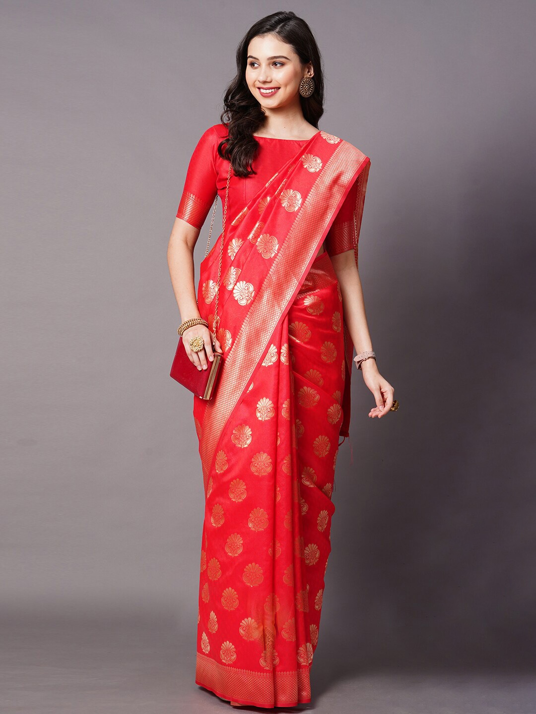 

Mitera Red & Gold-Toned Woven Design Zari Silk Blend Banarasi Saree