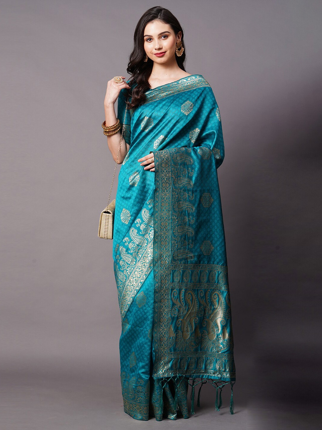 

Mitera Teal & Gold-Toned Woven Design Zari Silk Blend Banarasi Saree