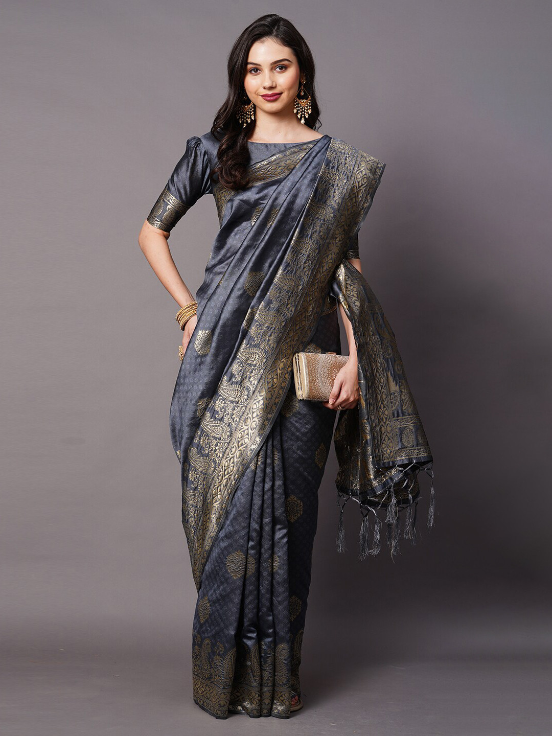 

Mitera Women Grey & Gold-Toned Woven Designed Silk Cotton Saree
