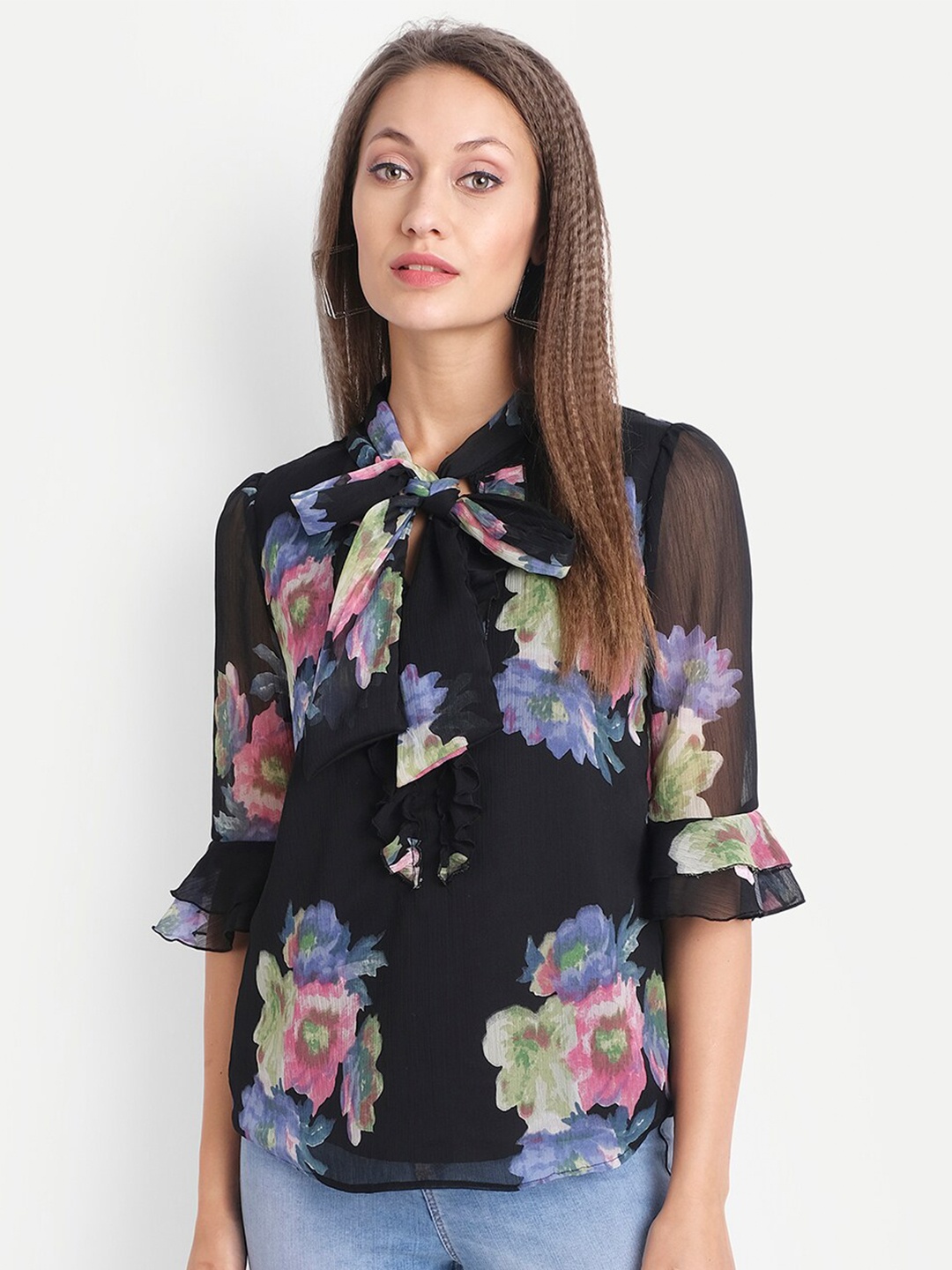 

LY2 Black & Blue Floral Tie-Up Neck Chiffon Regular Top