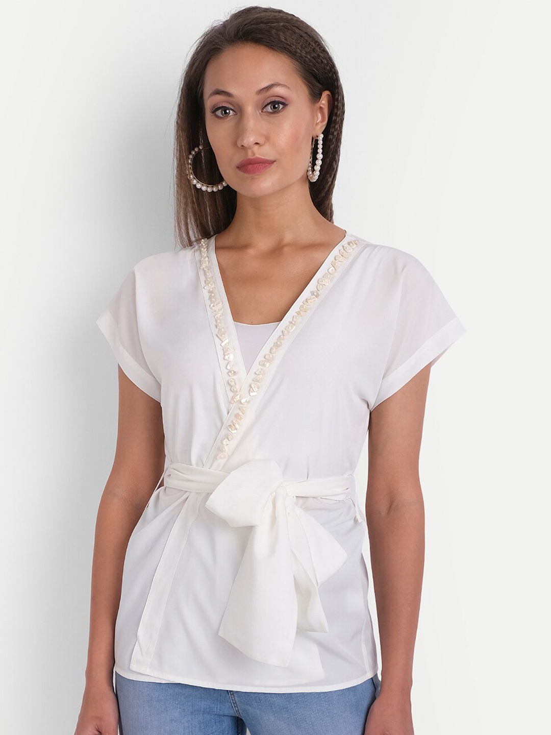 

LY2 Cream-Coloured Embellished Crepe Wrap Top