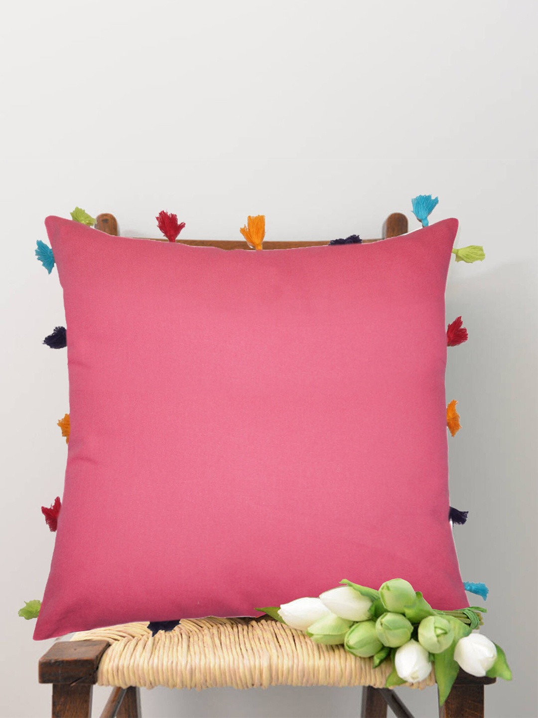 

Lushomes Pink Pure Cotton Square Cushion Covers With Tassels