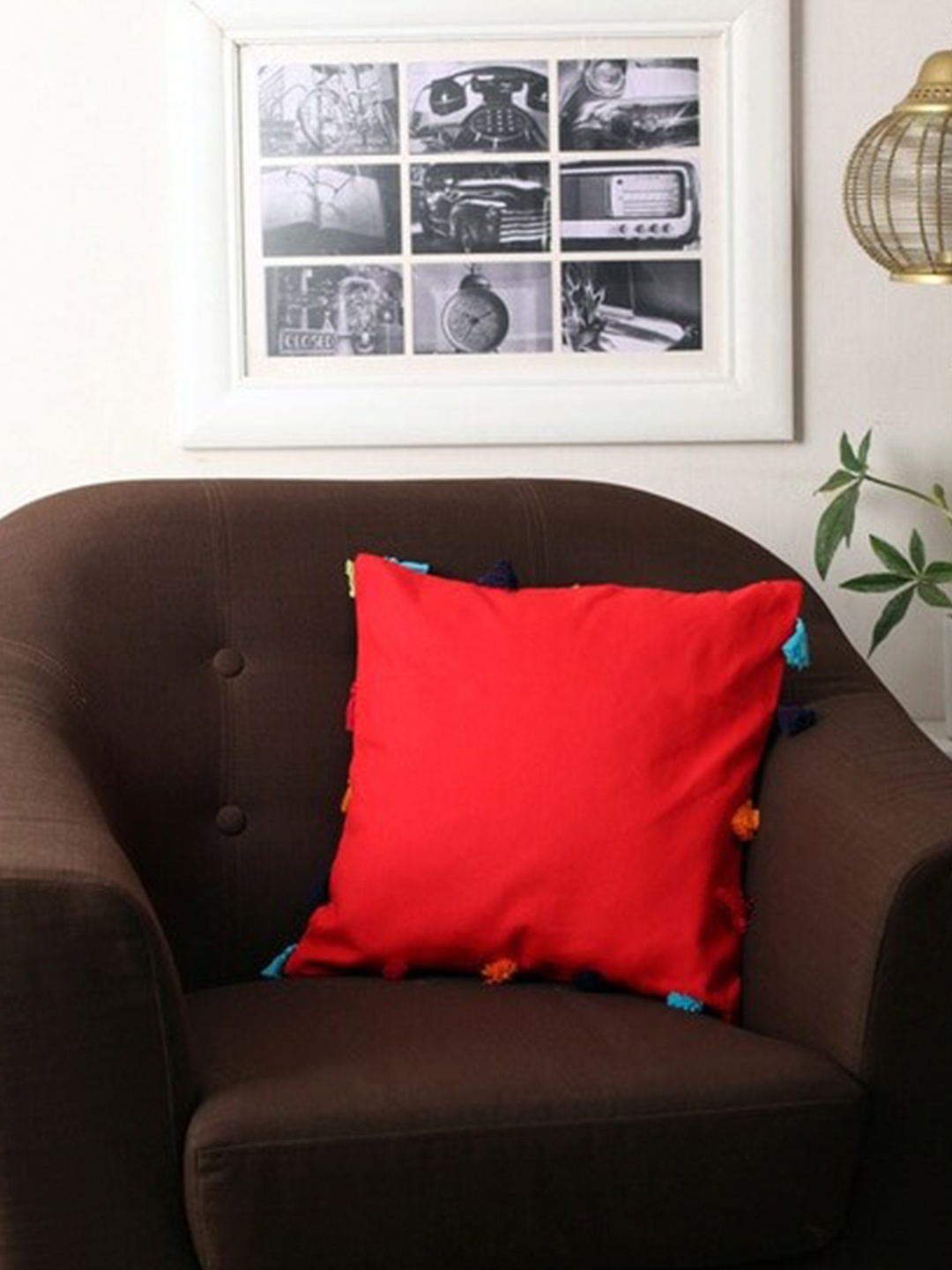 

Lushomes Red Pure Cotton Square Cushion Cover with Pom Pom