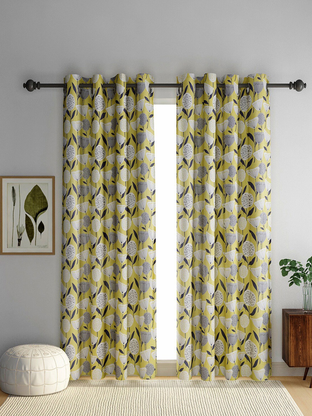 

eyda Yellow & White Set of 2 Floral Long Door Curtain