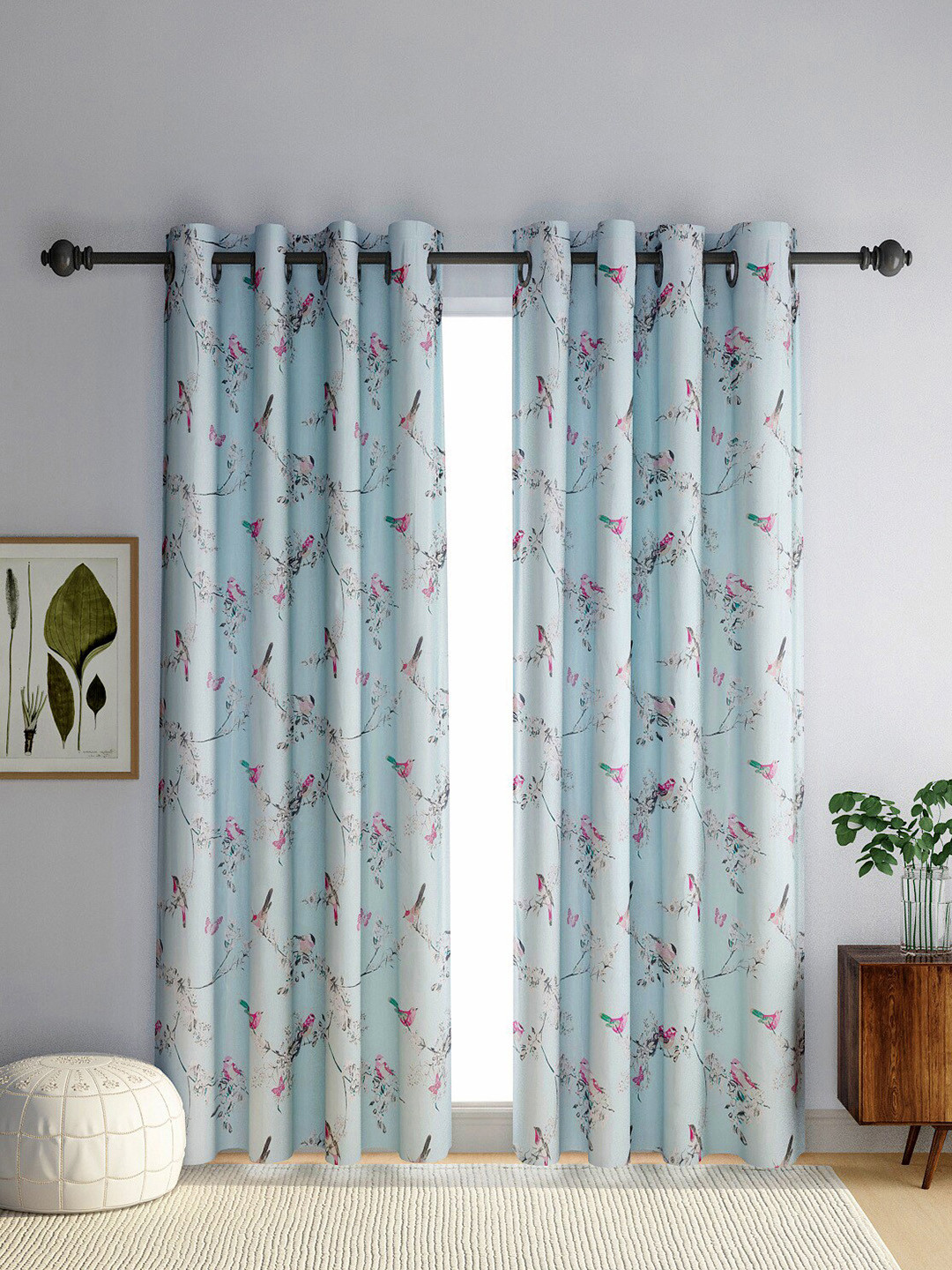 

eyda Turquoise Blue & Pink Set of 2 Floral Long Door Curtain