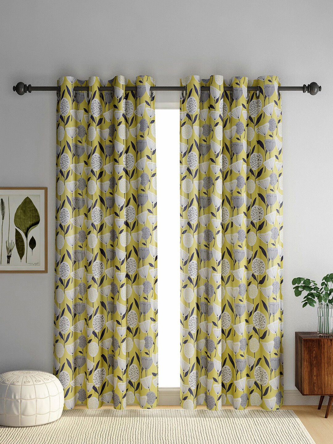 

eyda Yellow & Grey Set of 2 Floral Door Curtains