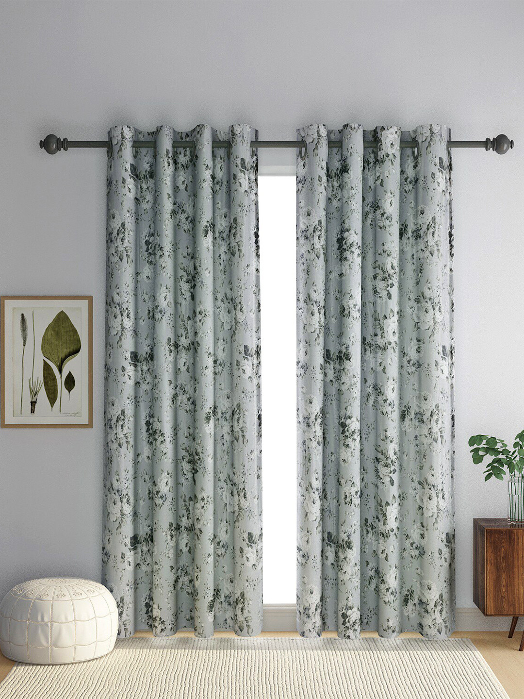 

eyda Grey & Green Set of 2 Floral Long Door Curtain