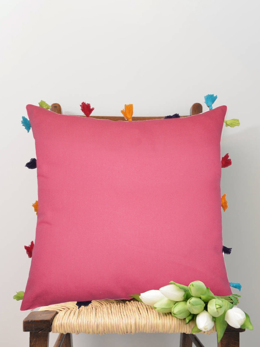

Lushomes Pink Pure Cotton Square Cushion Cover With Tassels