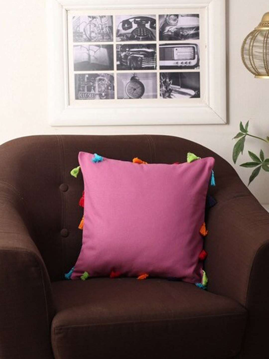 

Lushomes Pink Square Cushion Covers with Colorful Tassels