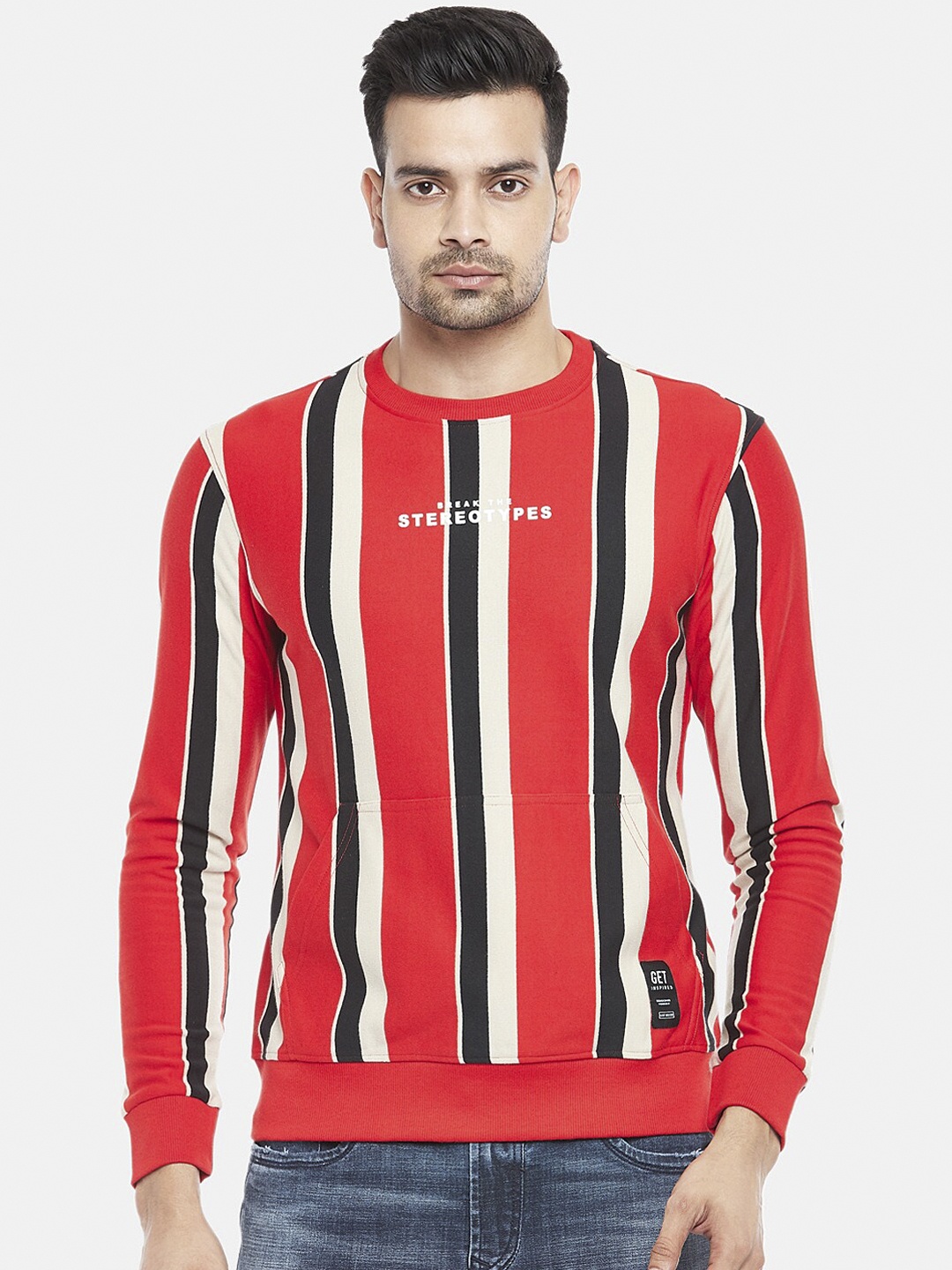 

People Men Red & White Striped Sweatshirt