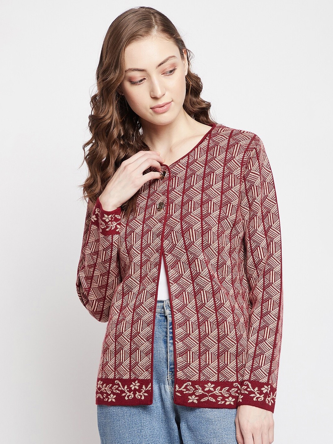 

Madame Women Maroon & White Cardigan