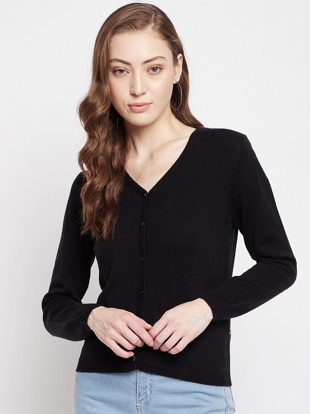 

Madame Women Black Woolen Cardigan Sweater