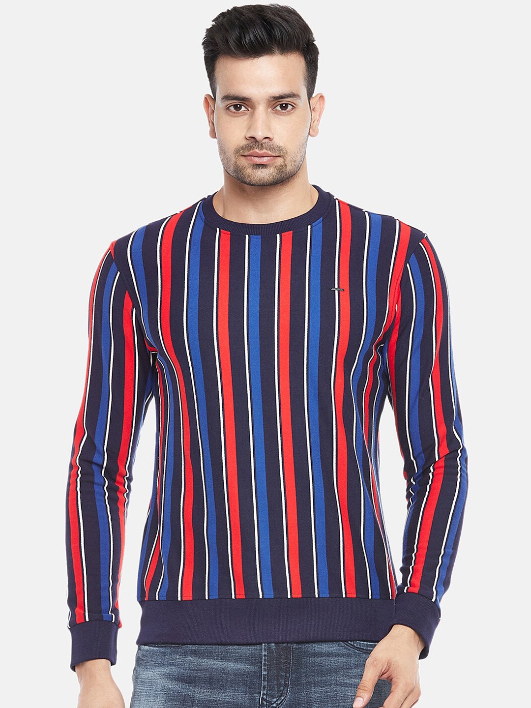 

People Men Navy Blue Striped Sweatshirt