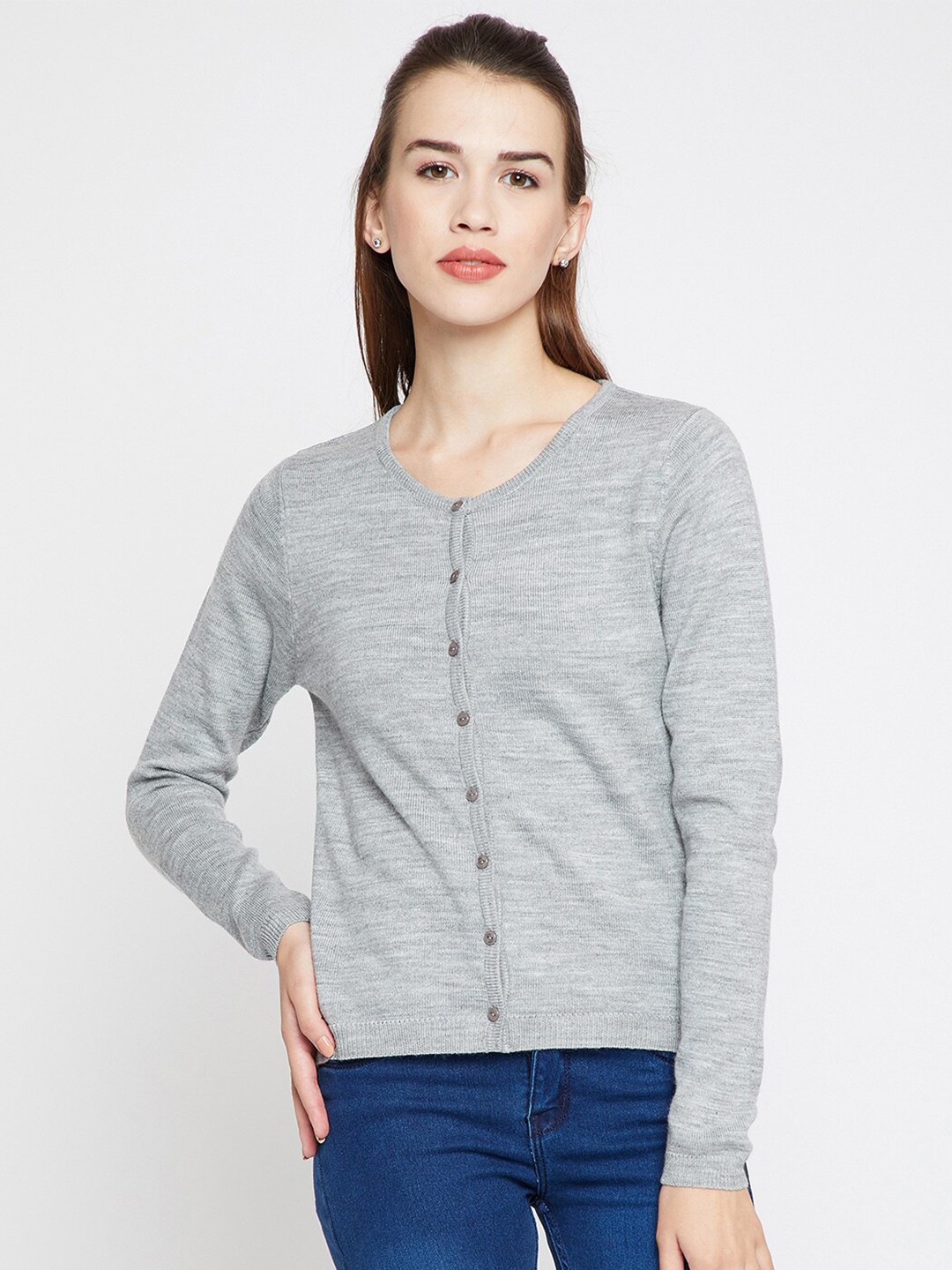 

Madame Women Grey Woollen Cardigan Sweater