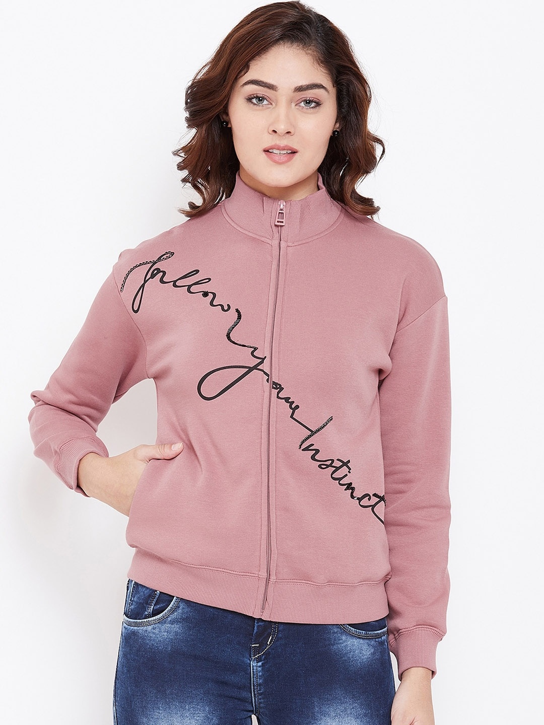 

Madame Women Pink Printed Fleece Sweatshirt