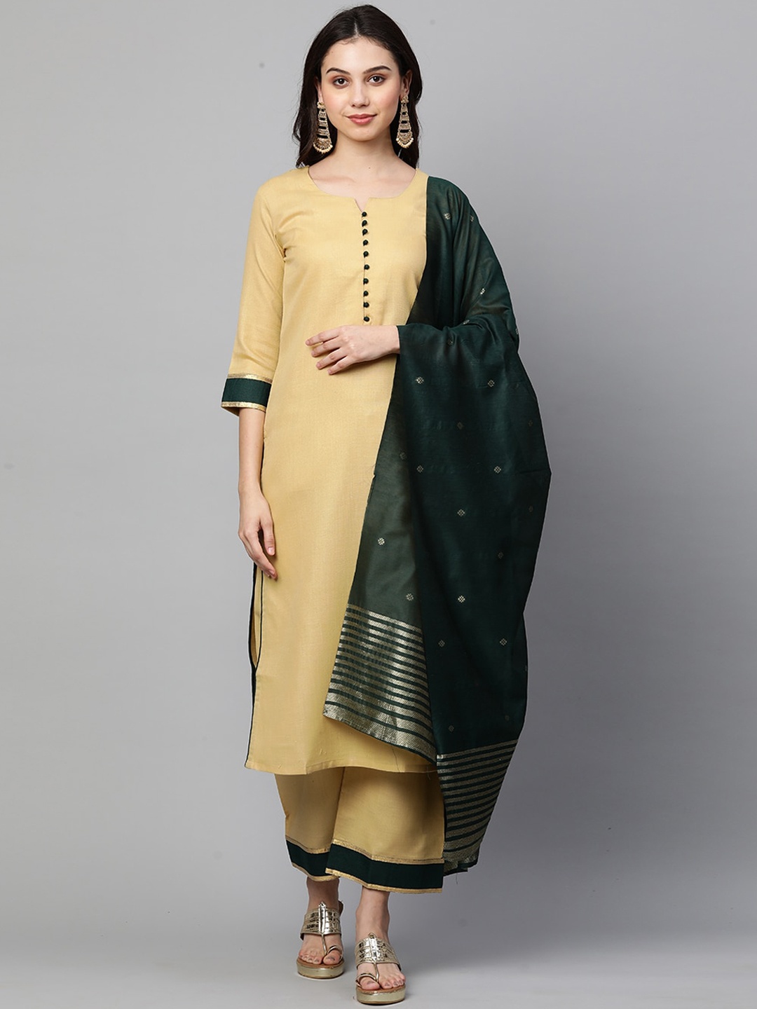 

KALINI Women Beige Ethnic Motifs Regular Kurti with Trousers & With Dupatta