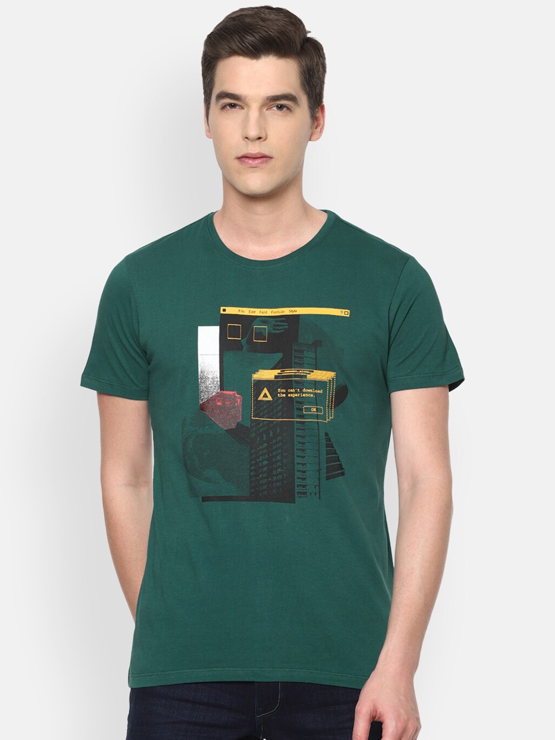 

VAN HEUSEN DENIM LABS Men Green Typography Printed Pure Cotton T-shirt