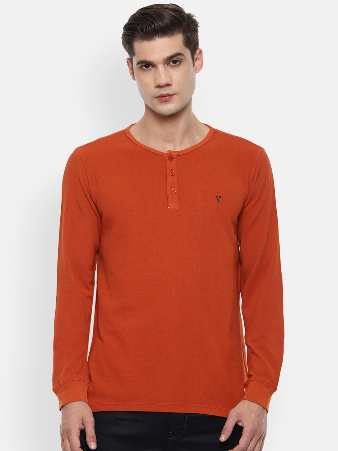 

VAN HEUSEN DENIM LABS Men Orange Henley Neck Pure Cotton T-shirt