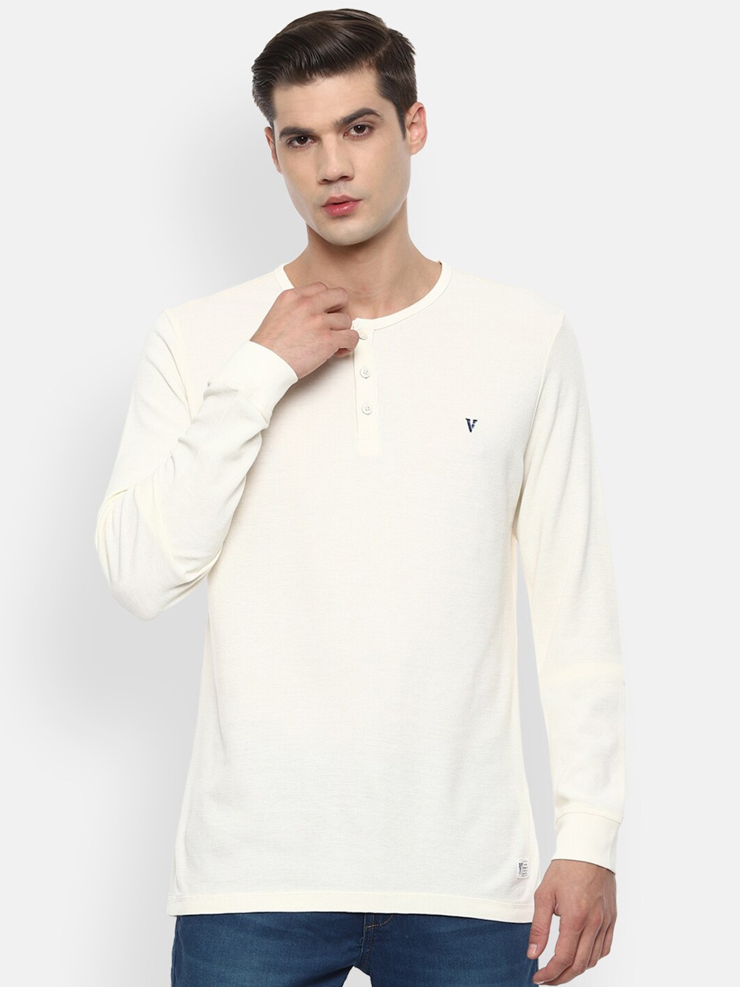 

VAN HEUSEN DENIM LABS Men Cream-Coloured Henley Neck Pure Cotton T-shirt