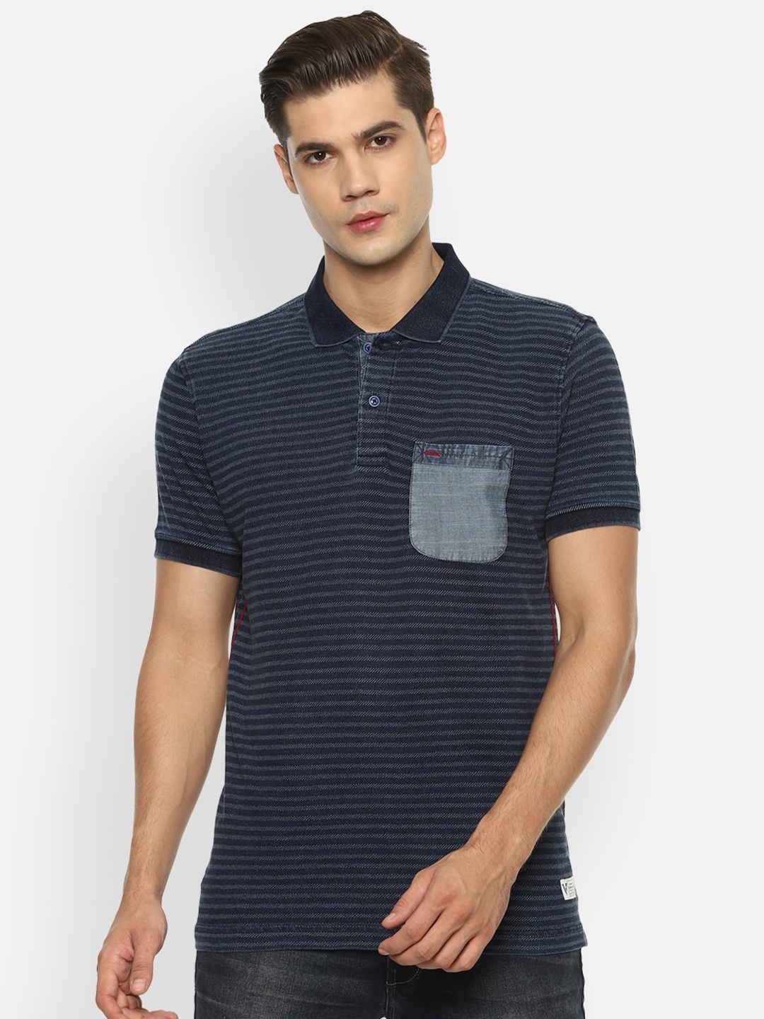 

VAN HEUSEN DENIM LABS Men Navy Blue Striped Polo Collar Pure Cotton T-shirt
