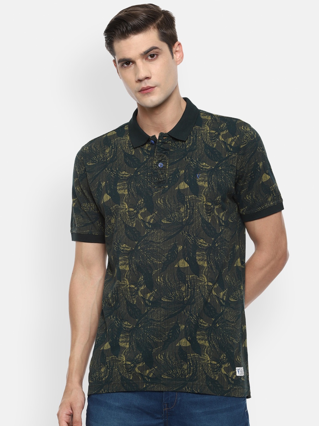 

VAN HEUSEN DENIM LABS Men Green Typography Printed Polo Collar Pure Cotton T-shirt