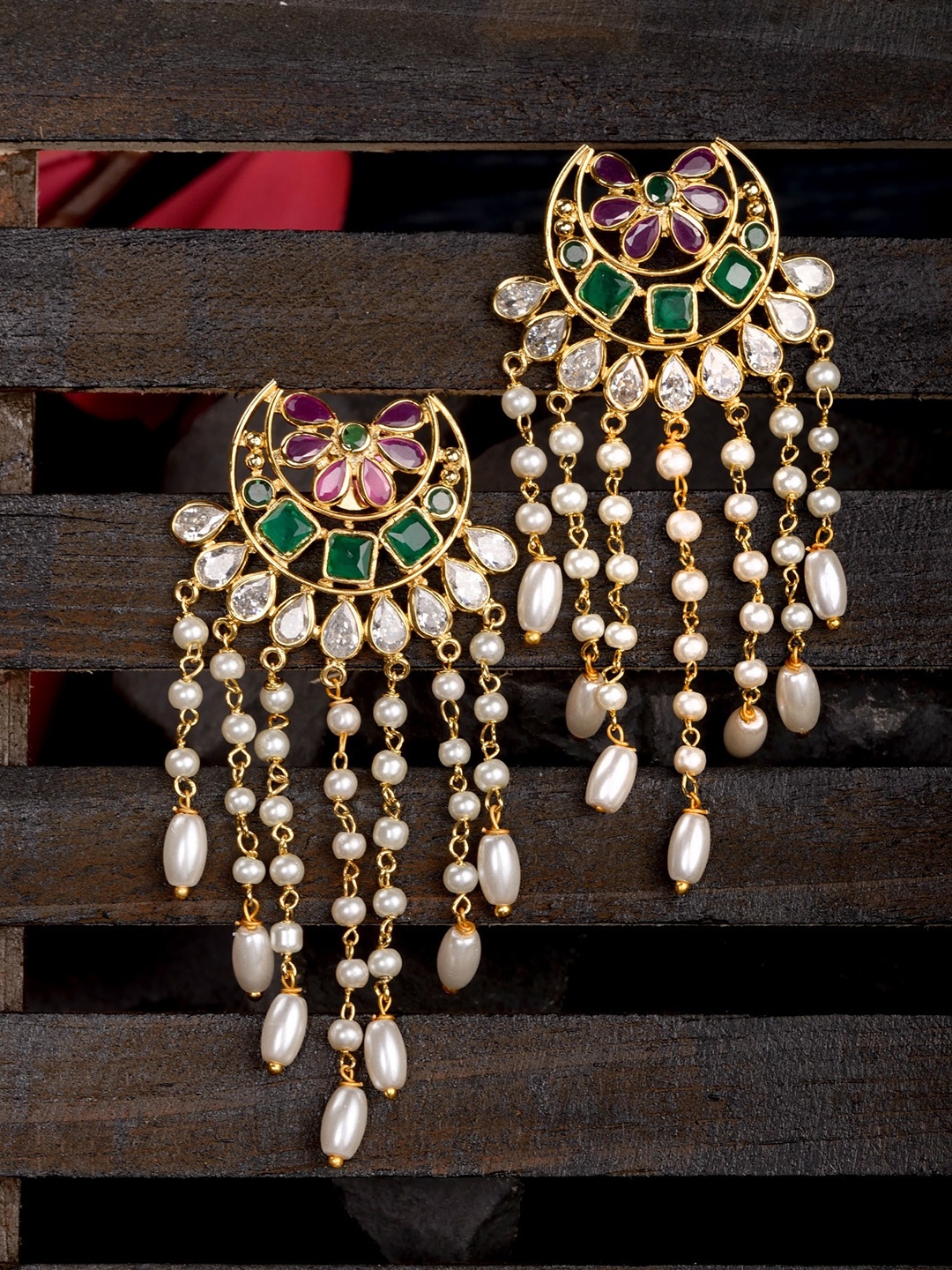 

Saraf RS Jewellery Gold-Plated Green AD Studded Crescent Shaped Drop Earrings