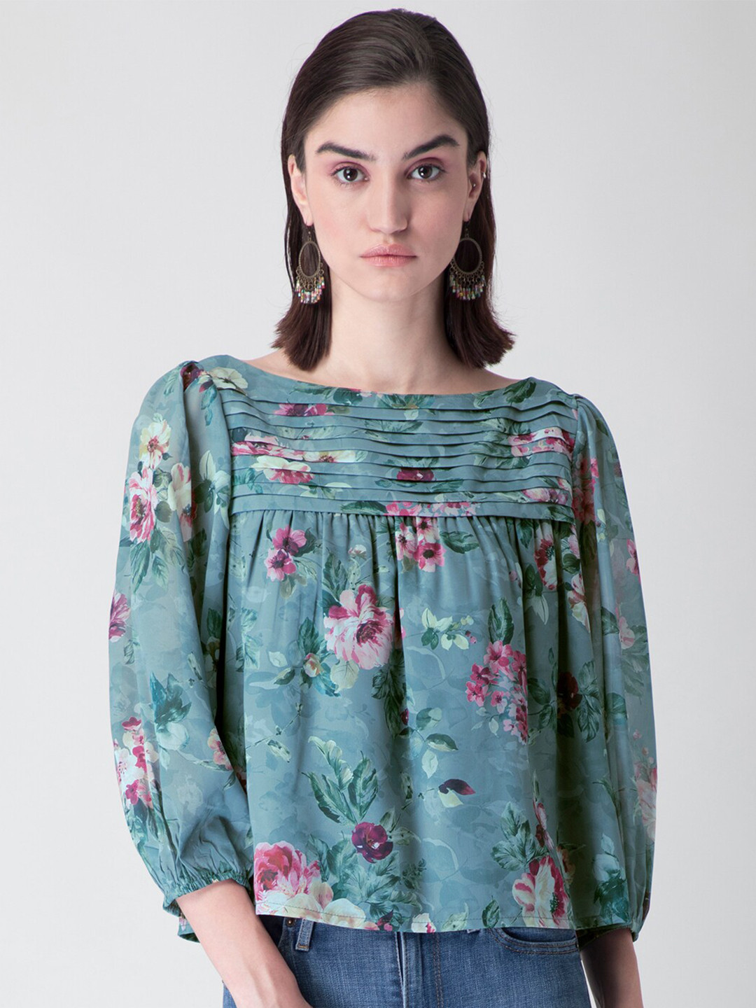 

FabAlley Grey & Pink Floral Printed A-Line Top