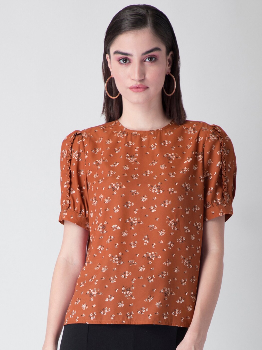 

FabAlley Brown & White Floral Regular Top