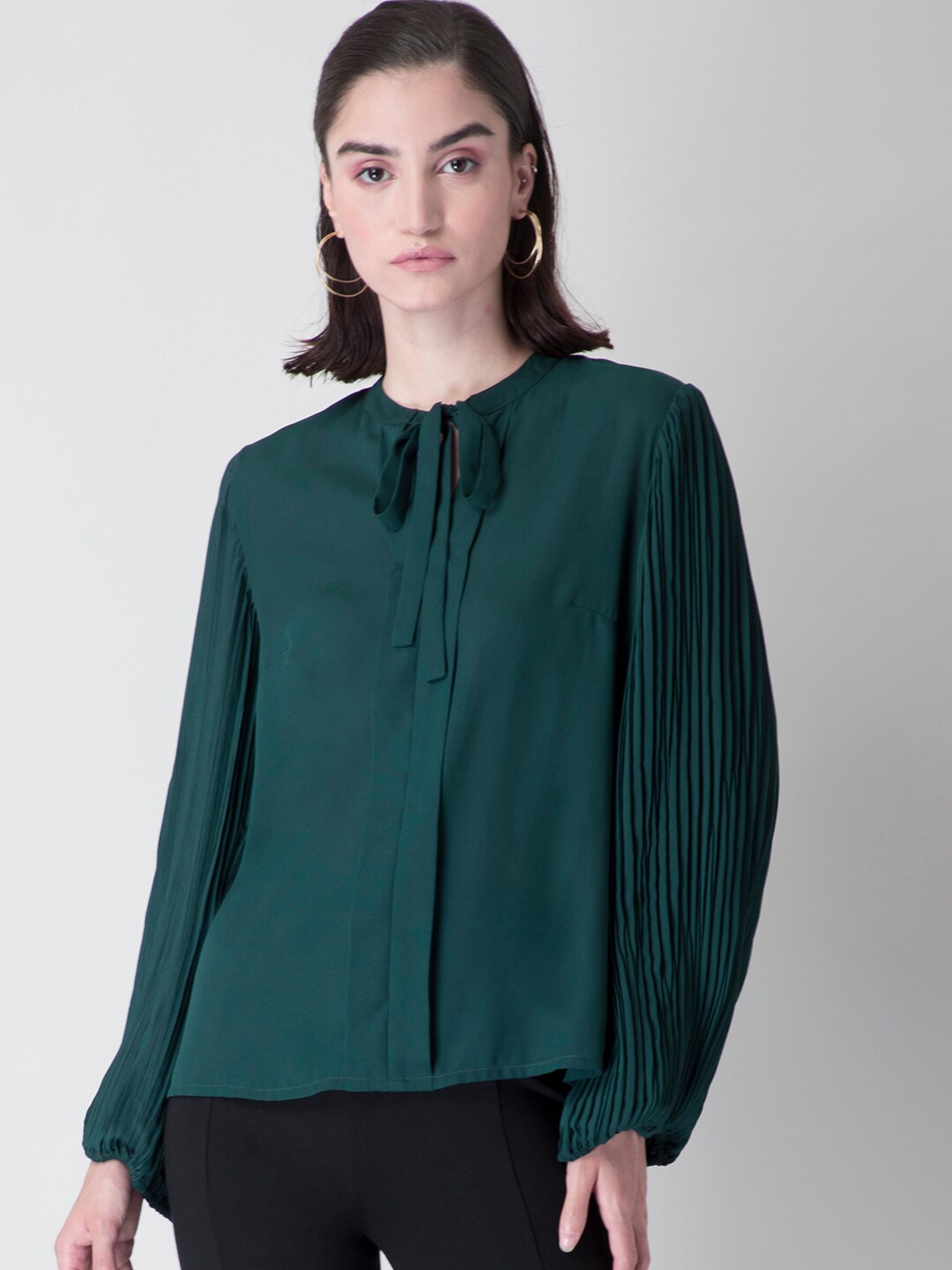 

FabAlley Green Tie-Up Neck Regular Top