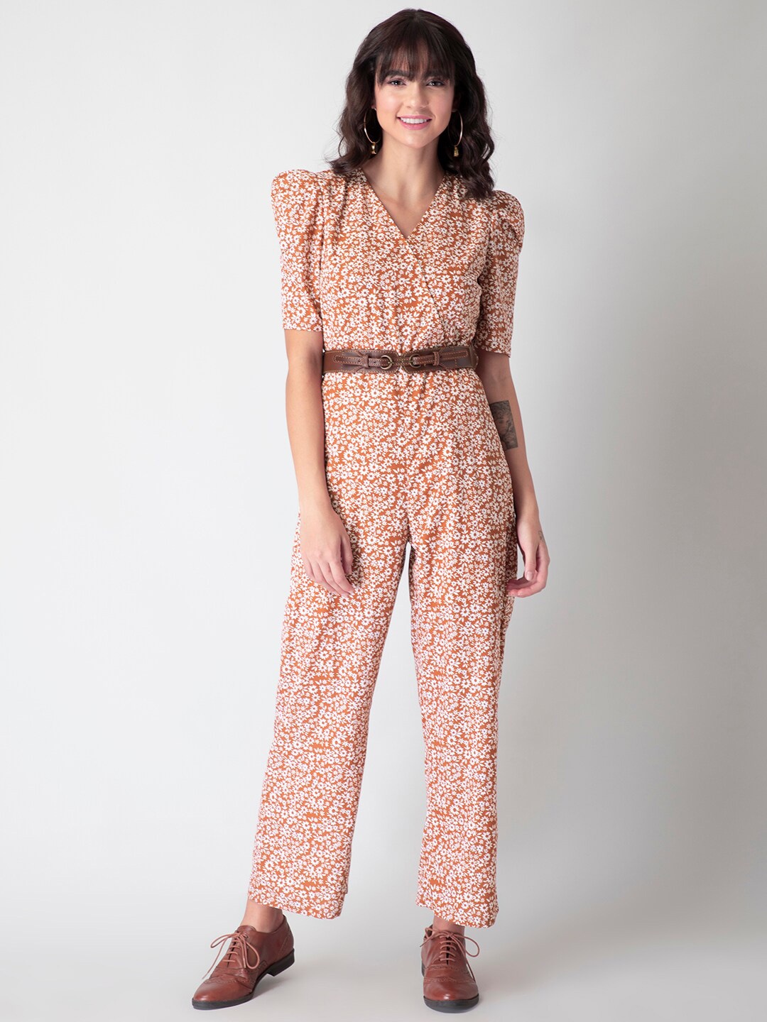 

FabAlley Orange & White Printed Culotte Jumpsuit With Belt