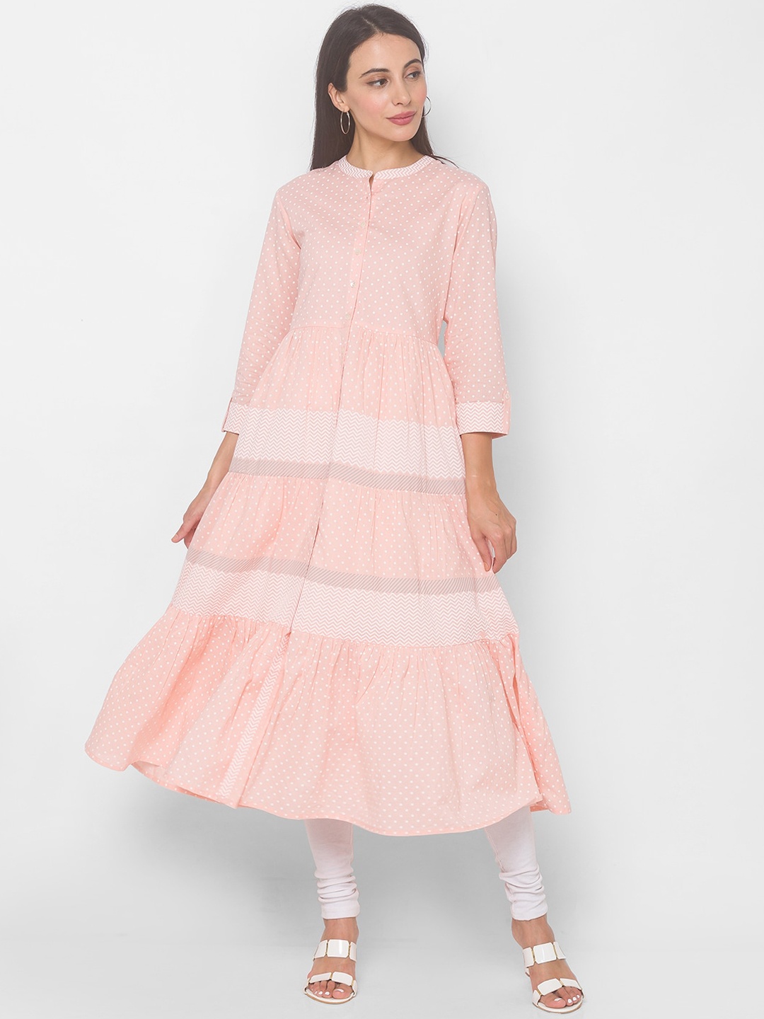 

Globus Women Pink & White Polka Dot Printed Anarkali Kurta