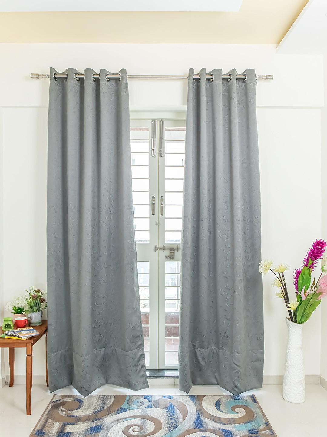 

Livpure Smart Set of 2 Grey Leaf Patterned Black Out Long Door Curtain