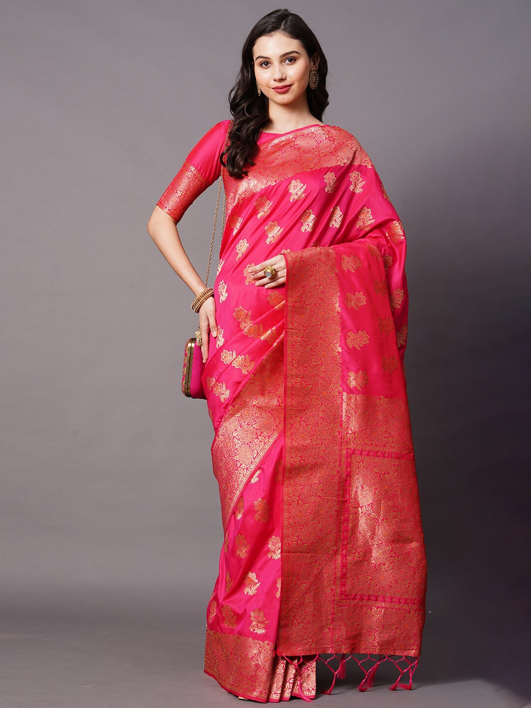 

Mitera Pink & Gold-Toned Woven Design Zari Silk Blend Baluchari Saree