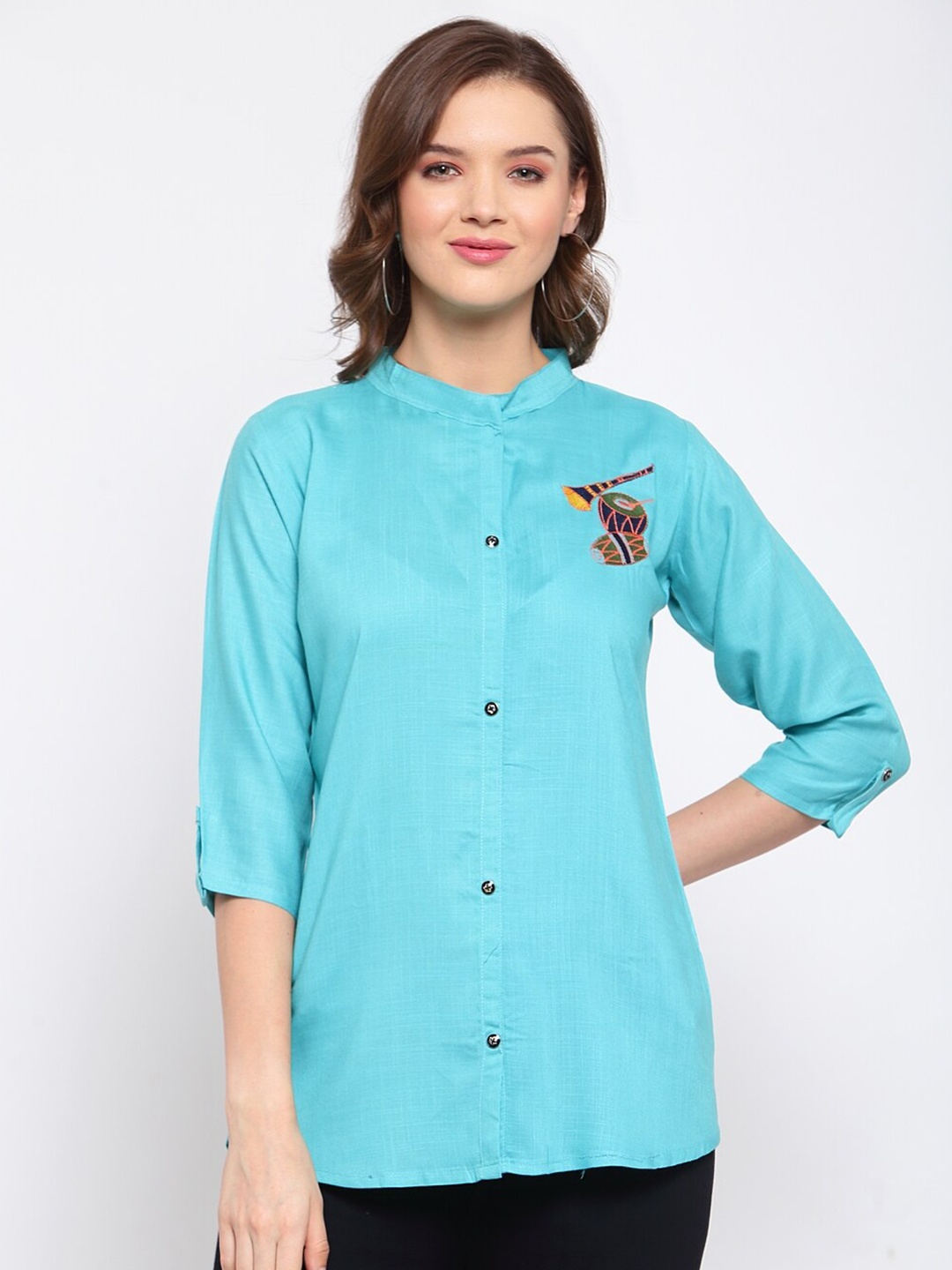 

SERONA FABRICS Turquoise Blue and Collar Placement Print Shirt Style Top