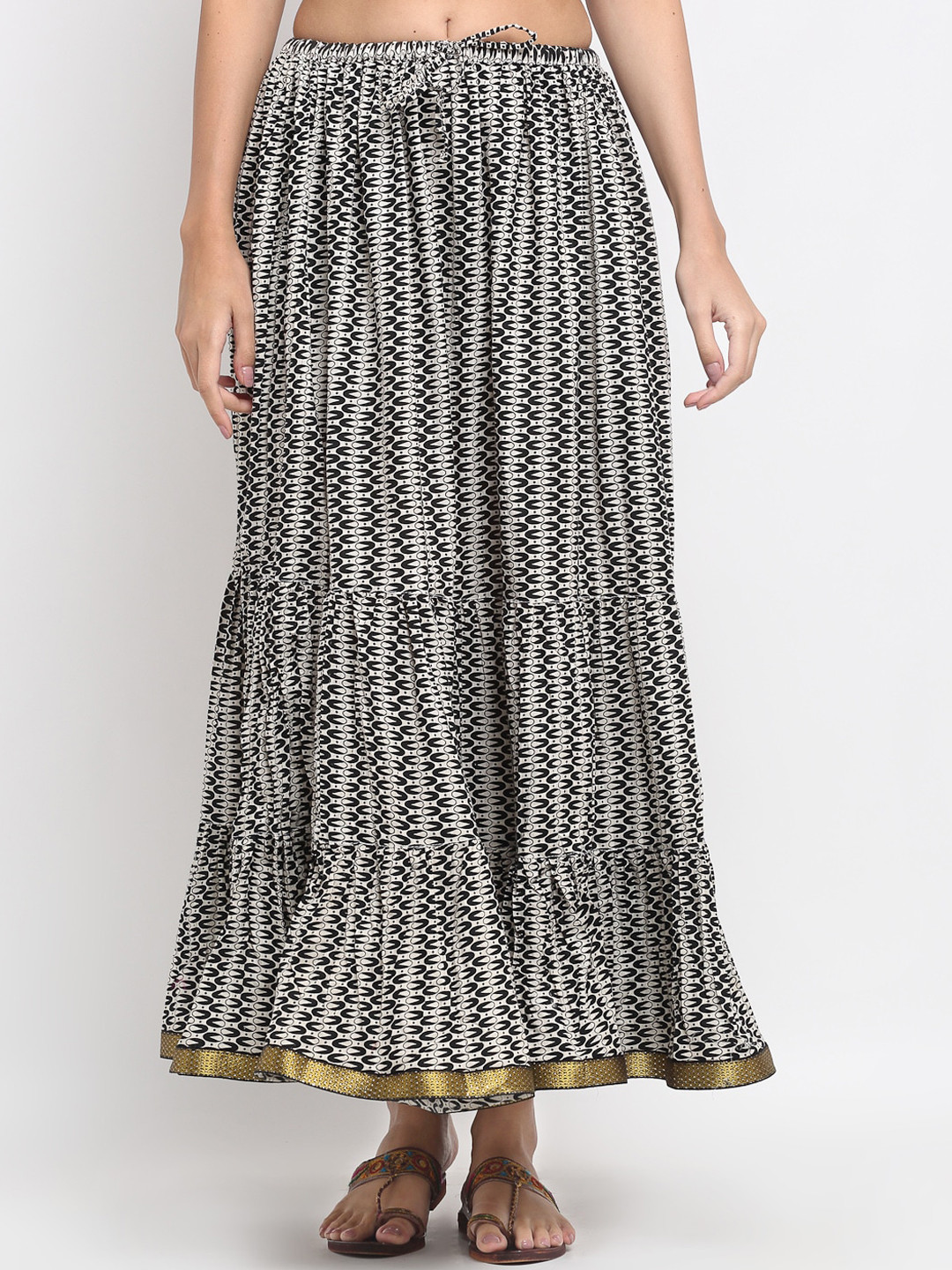 

SOUNDARYA Women White & Black Printed Pure Cotton Tiered Maxi Skirt