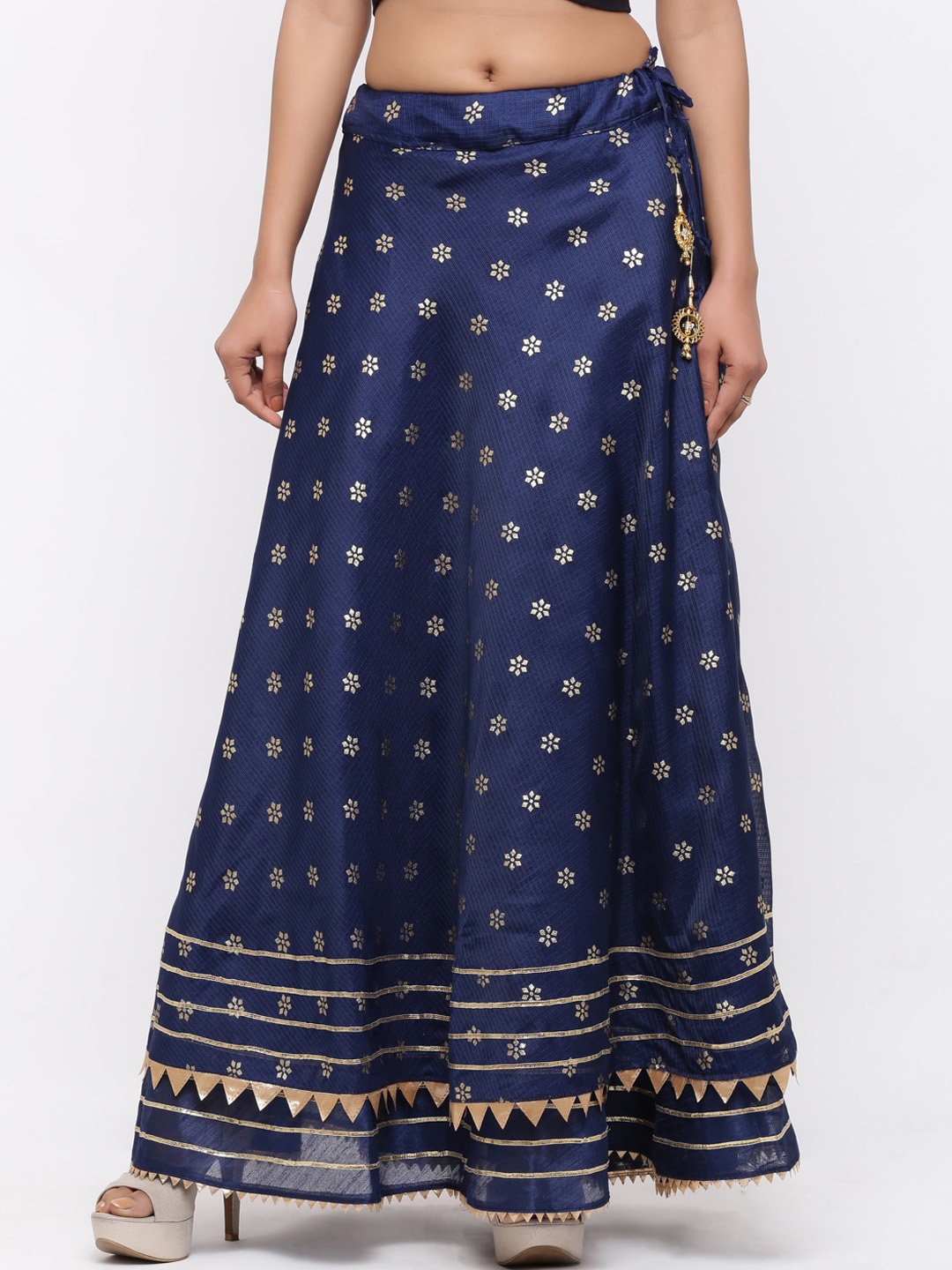 

SOUNDARYA Women Navy Blue & Gold-Coloured Printed Cotton Flared Maxi Skirt