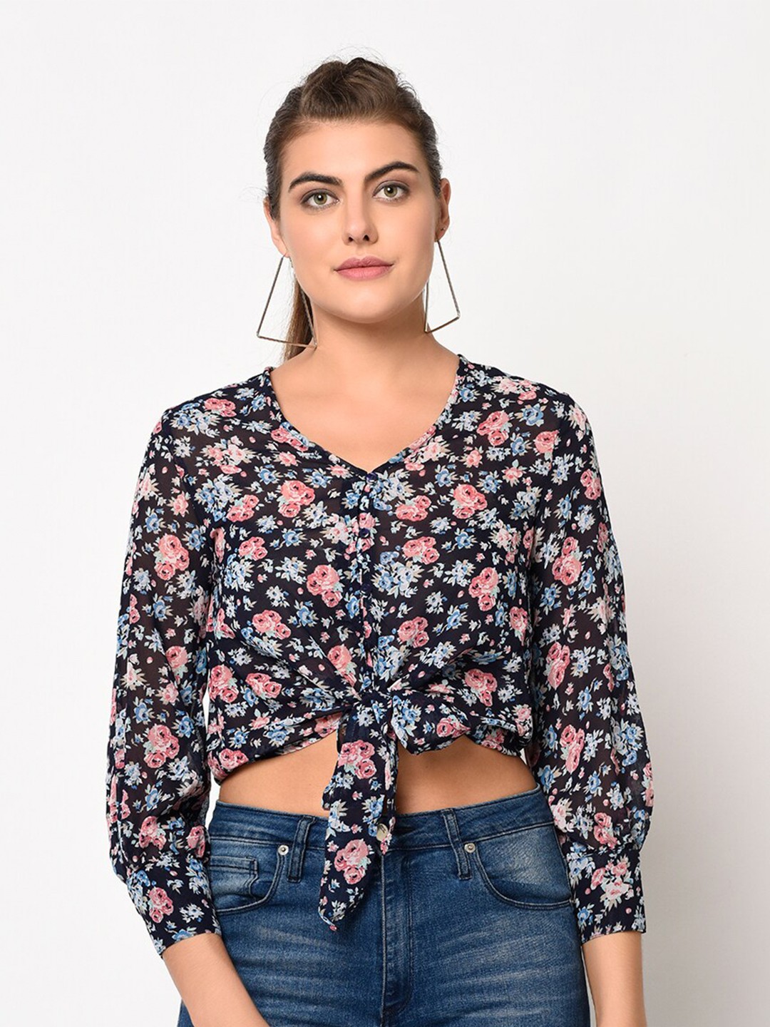 

SQew Black & Blue Floral Shirt Style Crop Top