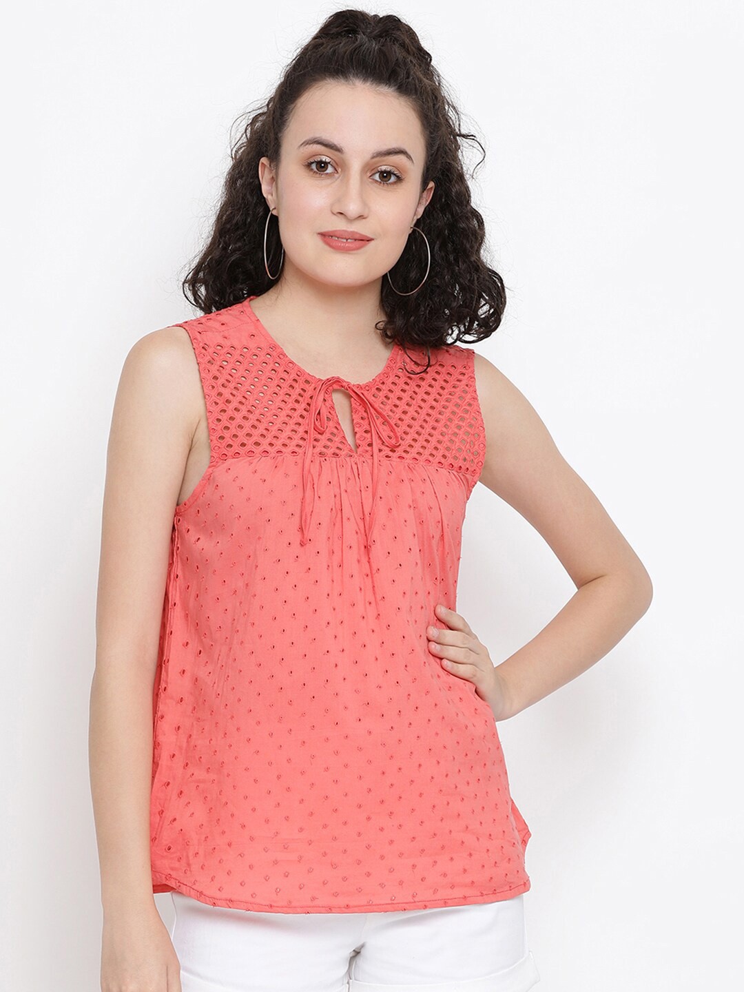 

SQew Coral Pink Tie-Up Neck Regular Top