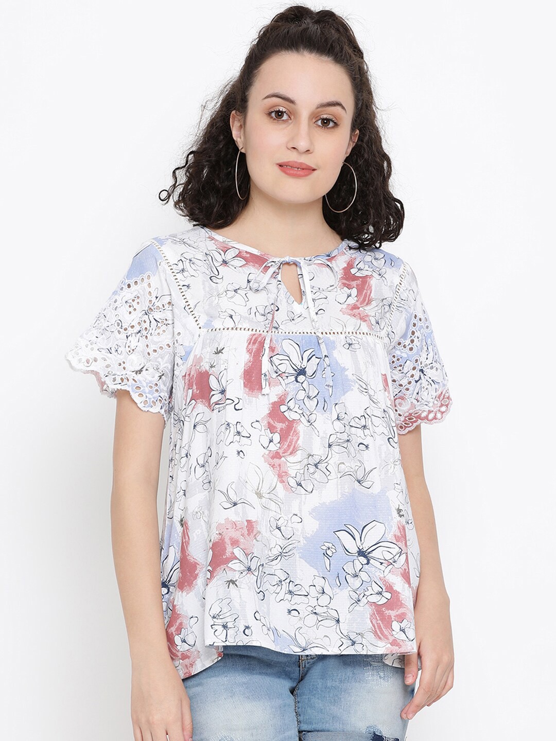 

SQew Blue Floral Printed Tie-Up Neck Regular Top