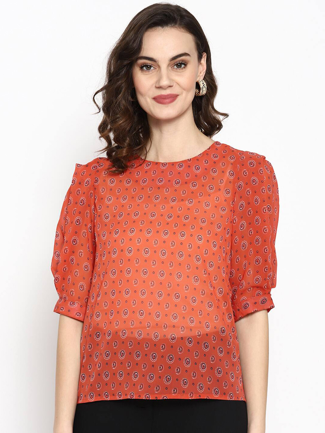 

SQew Women Orange & Blue Printed Regular Top