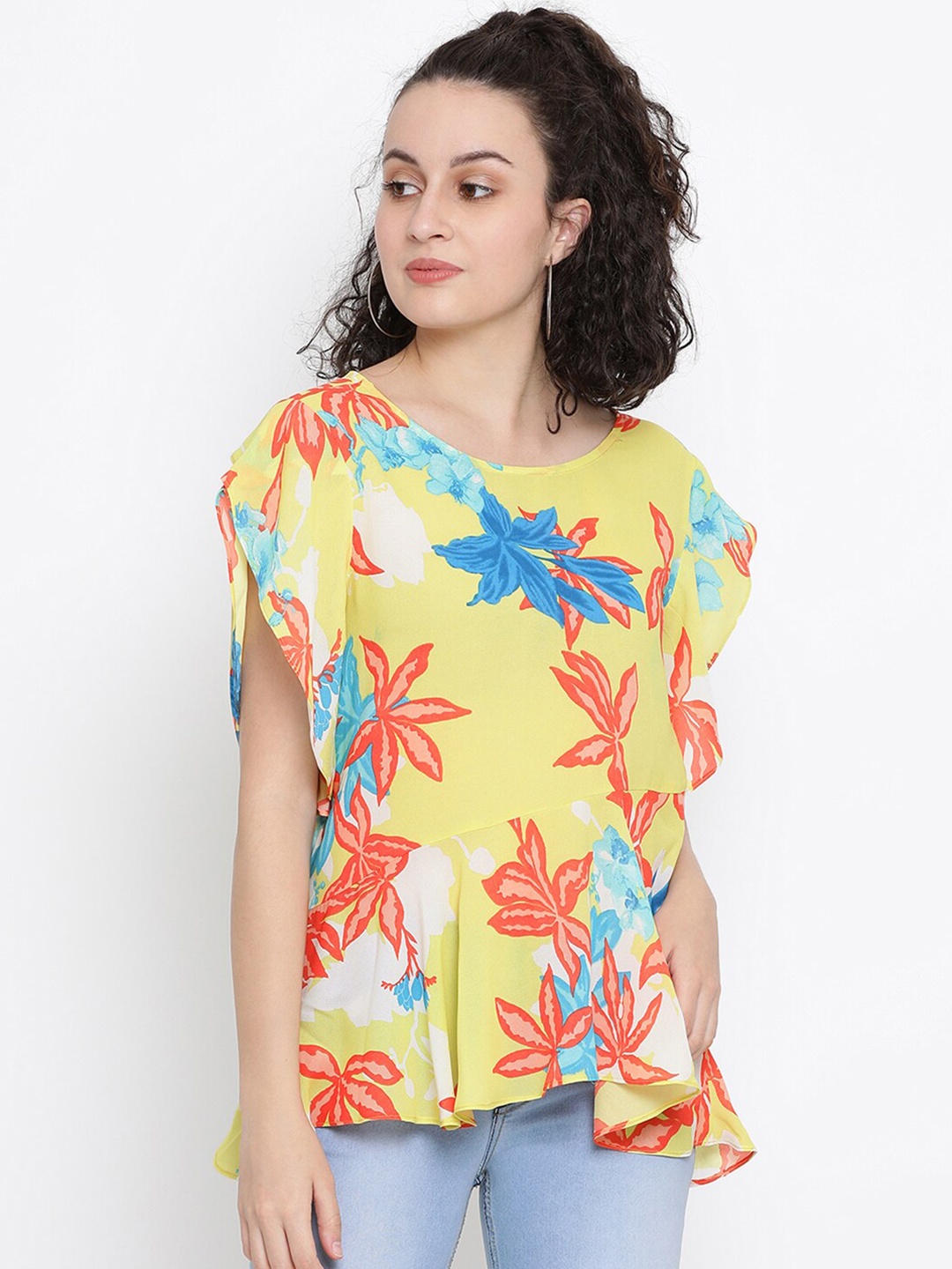 

SQew Women Yellow Floral Print A-Line Top
