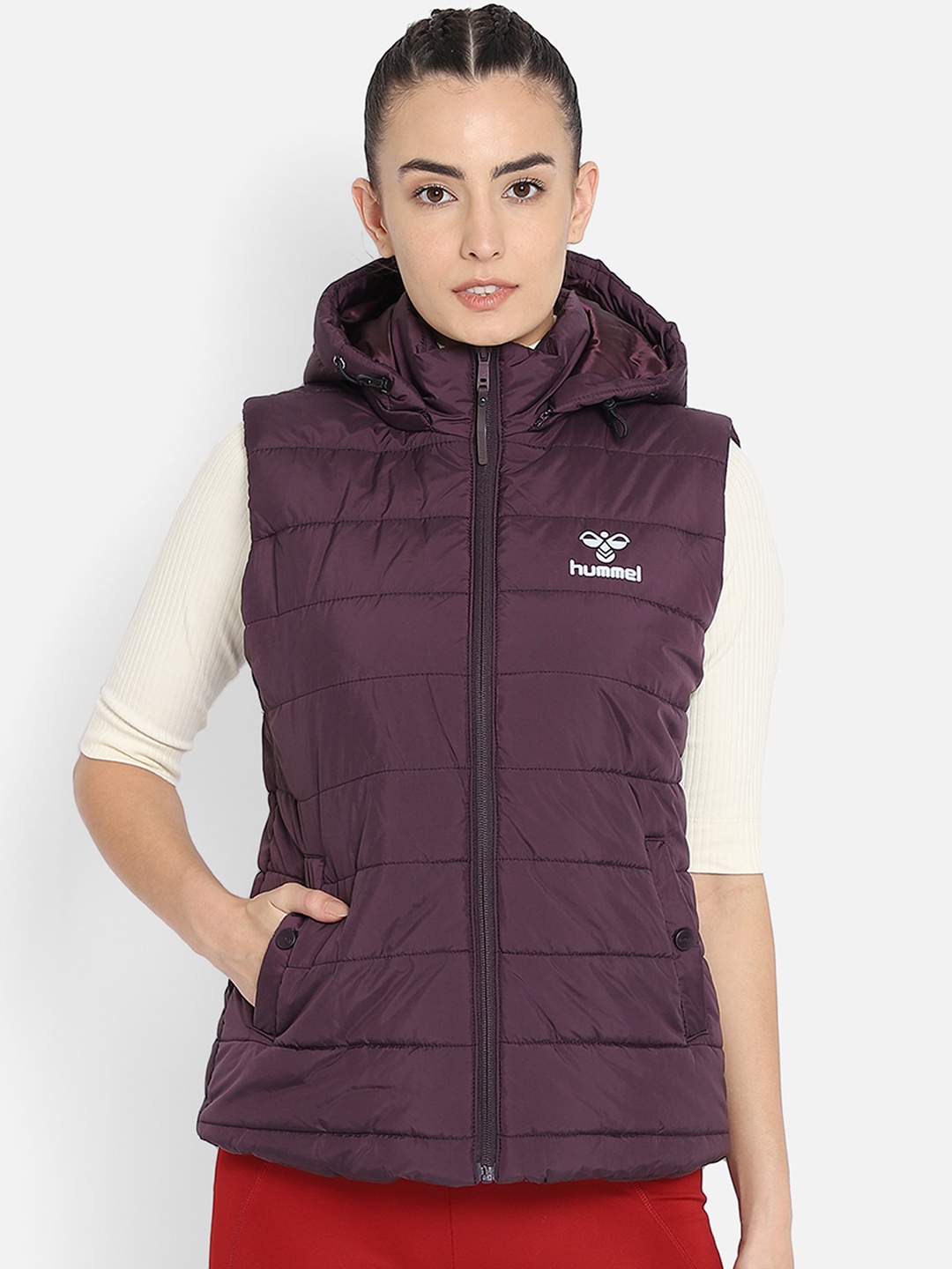 

hummel Women Burgundy Windcheater Half Sleeve Padded Jacket With Detachable Hoody